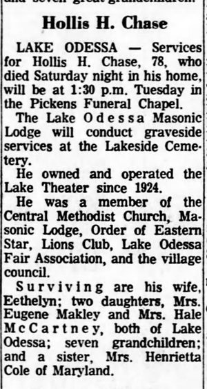 Lake Theatre - JUNE 1967 HOLLIS CHASE PASSES ON